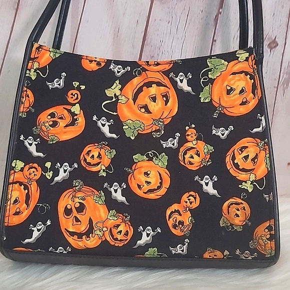 Pumpkin & Ghost Mini Halloween Print Zip Square Shoulder Bag Purse Tote 10" - Picture 4 of 17